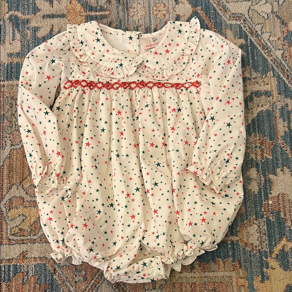 Smockingbird red/green Star Patterned Baby bubble with smocking